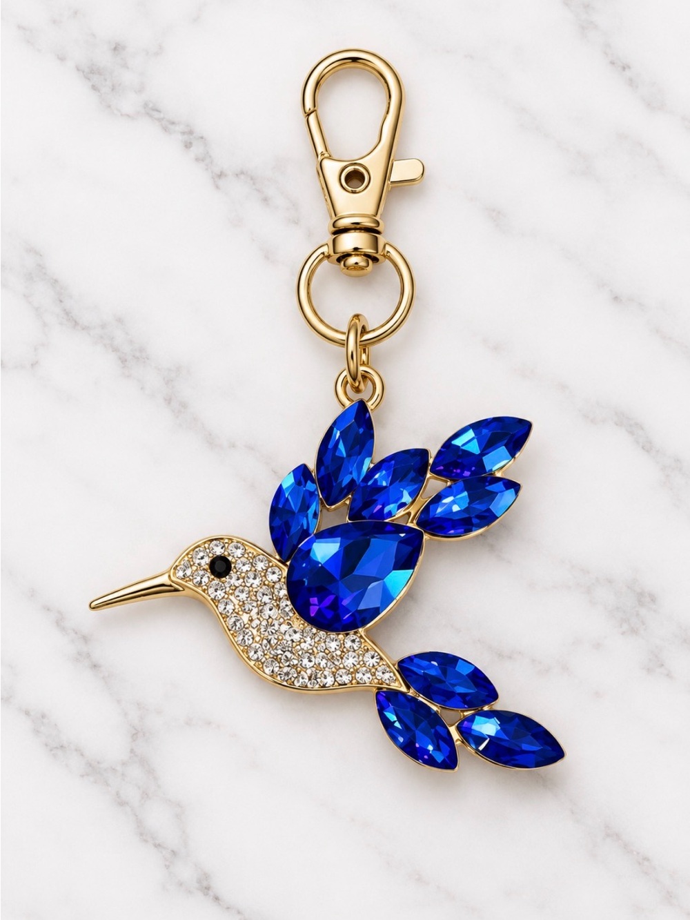 Bag Charm/Keyring-Navy Blue and White Rhinestone Hummingbird Charm-Gold Hardware